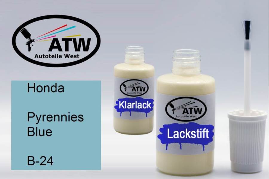 Honda, Pyrennies Blue, B-24: 20ml Lackstift + 20ml Klarlack - Set, von ATW Autoteile West.